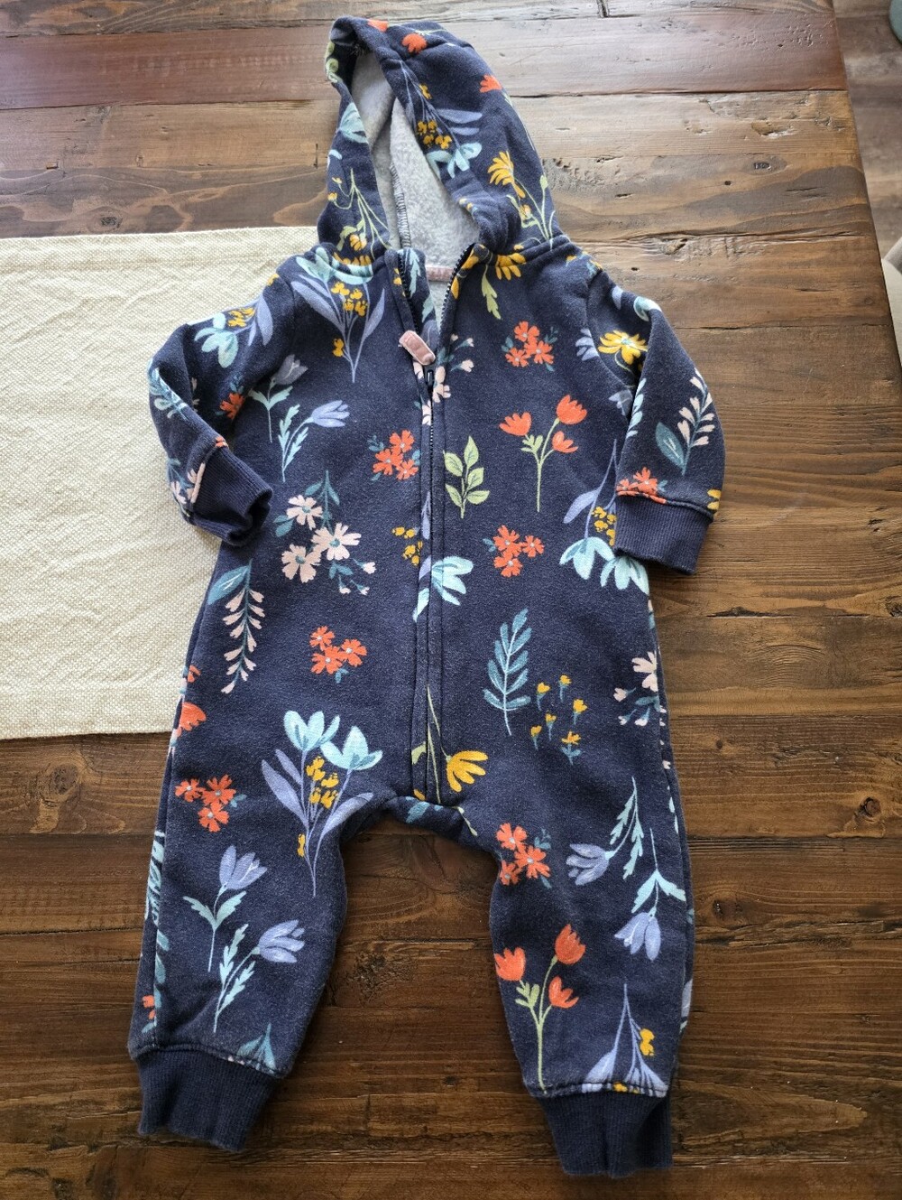 Carters 6 Mos Navy Floral Hooded Baby One-Piece Zip Front